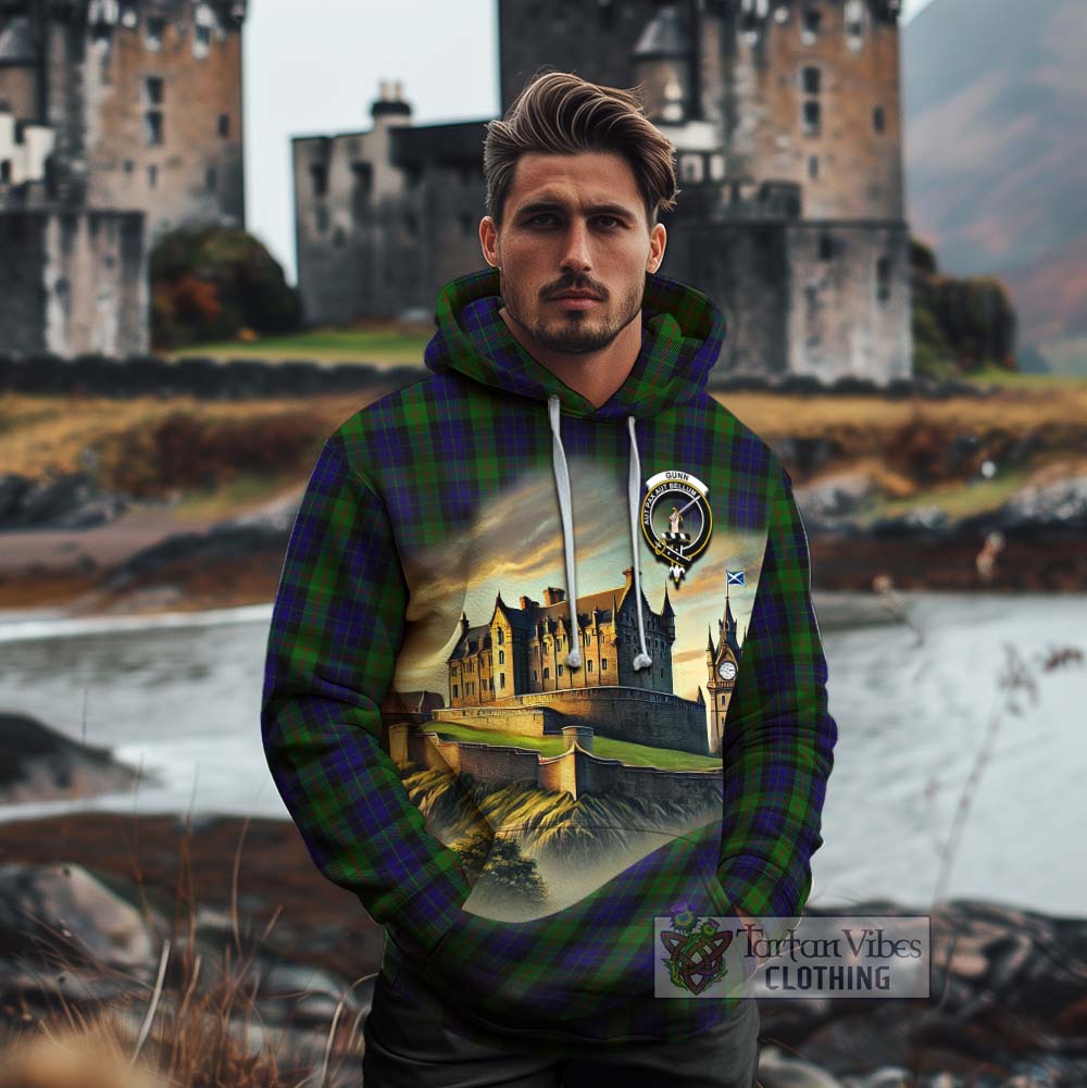 Tartan Vibes Clothing Gunn Tartan Family Crest Cotton Hoodie with Scottish Ancient Castle Style