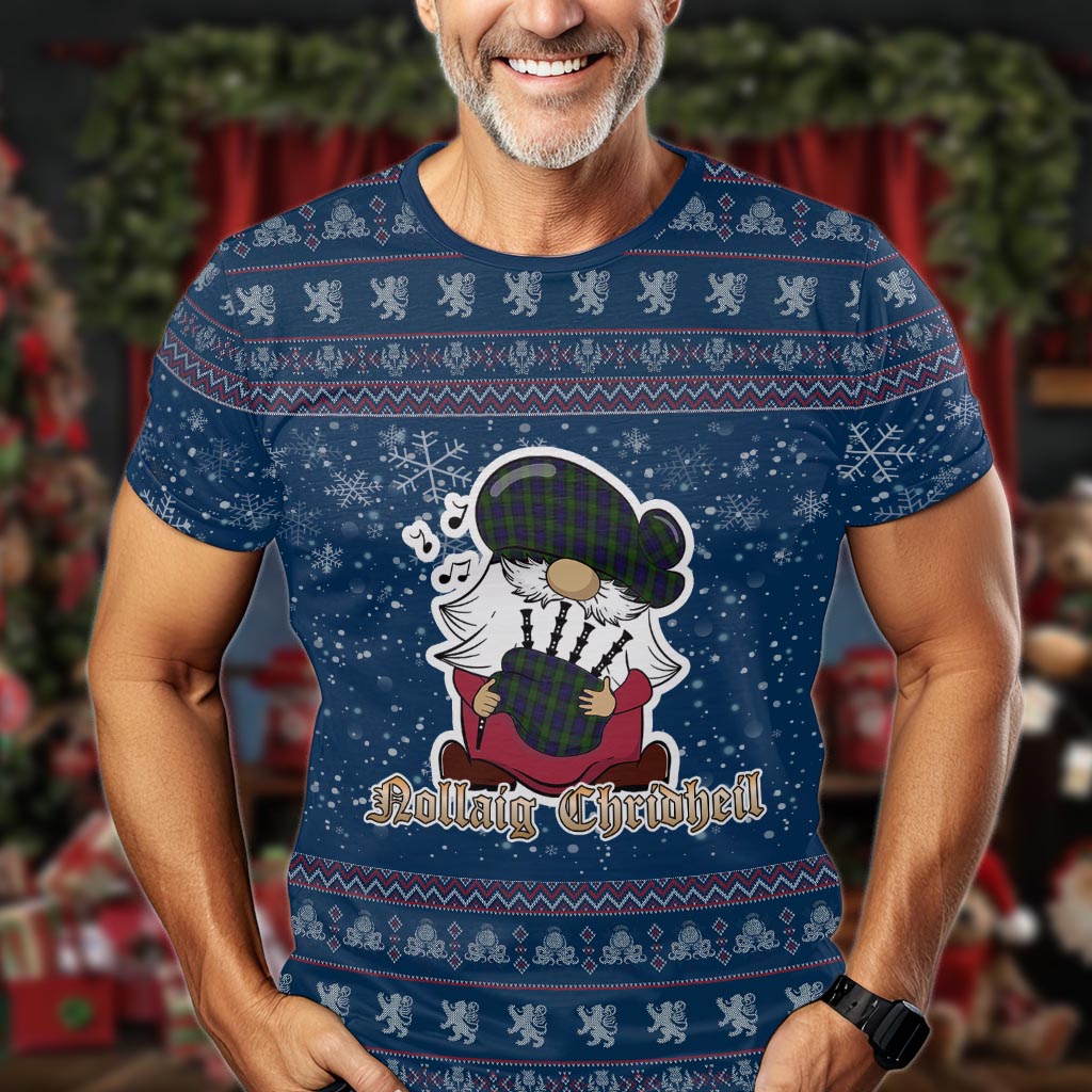 Gunn Clan Christmas Family T-Shirt with Funny Gnome Playing Bagpipes Men's Shirt Blue - Tartanvibesclothing