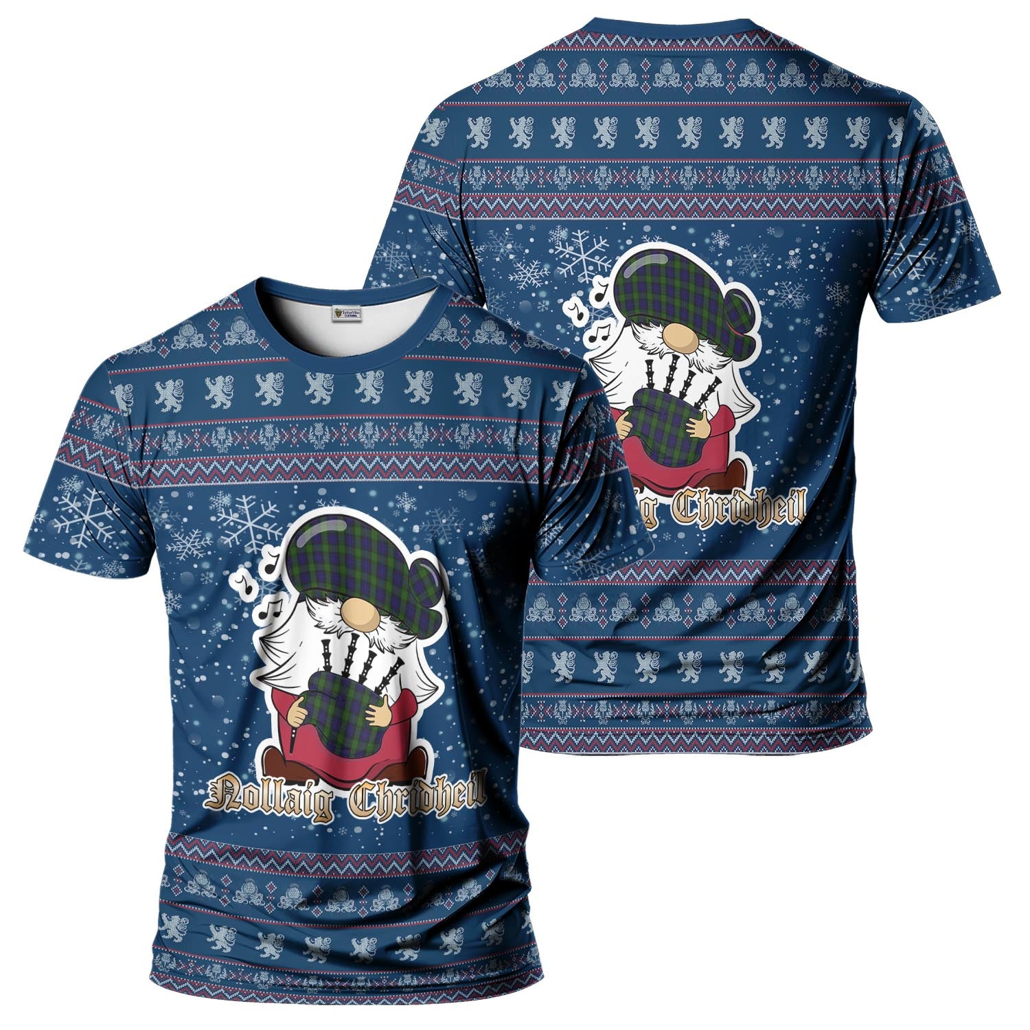 Gunn Clan Christmas Family T-Shirt with Funny Gnome Playing Bagpipes Kid's Shirt Blue - Tartanvibesclothing
