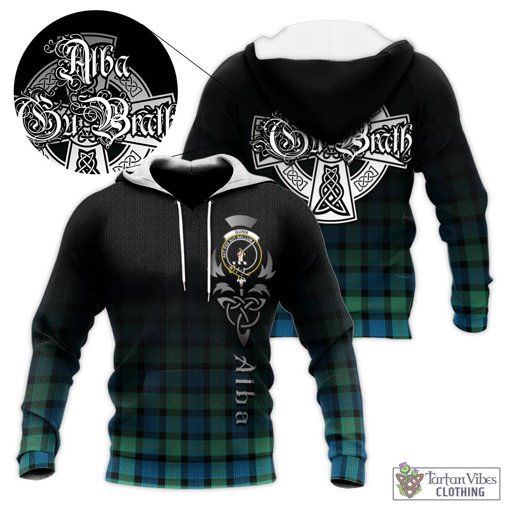 Tartan Vibes Clothing Gunn Ancient Tartan Knitted Hoodie Featuring Alba Gu Brath Family Crest Celtic Inspired