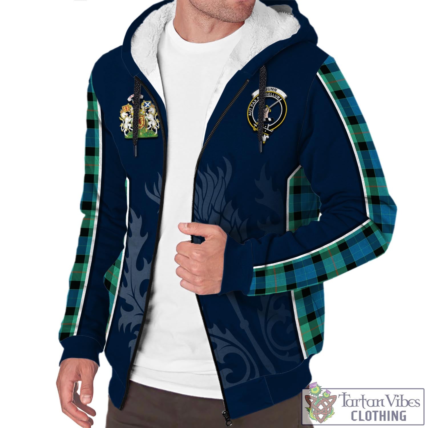 Tartan Vibes Clothing Gunn Ancient Tartan Sherpa Hoodie with Family Crest and Scottish Thistle Vibes Sport Style