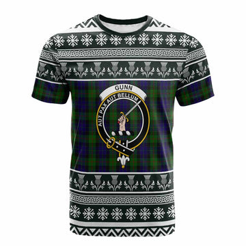 Gunn Clan Tartan Christmas Cotton T-shirt with Family Crest