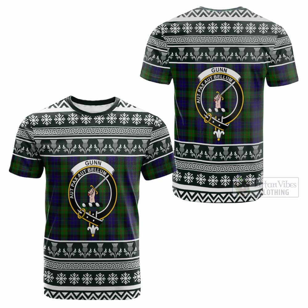 Gunn Clan Tartan Christmas Cotton T-shirt with Family Crest - Tartan Vibes Clothing