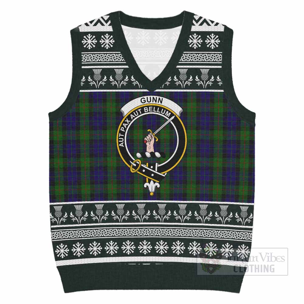 Gunn Clan Tartan Christmas Knitted V-Neck Vest with Family Crest - Tartan Vibes Clothing