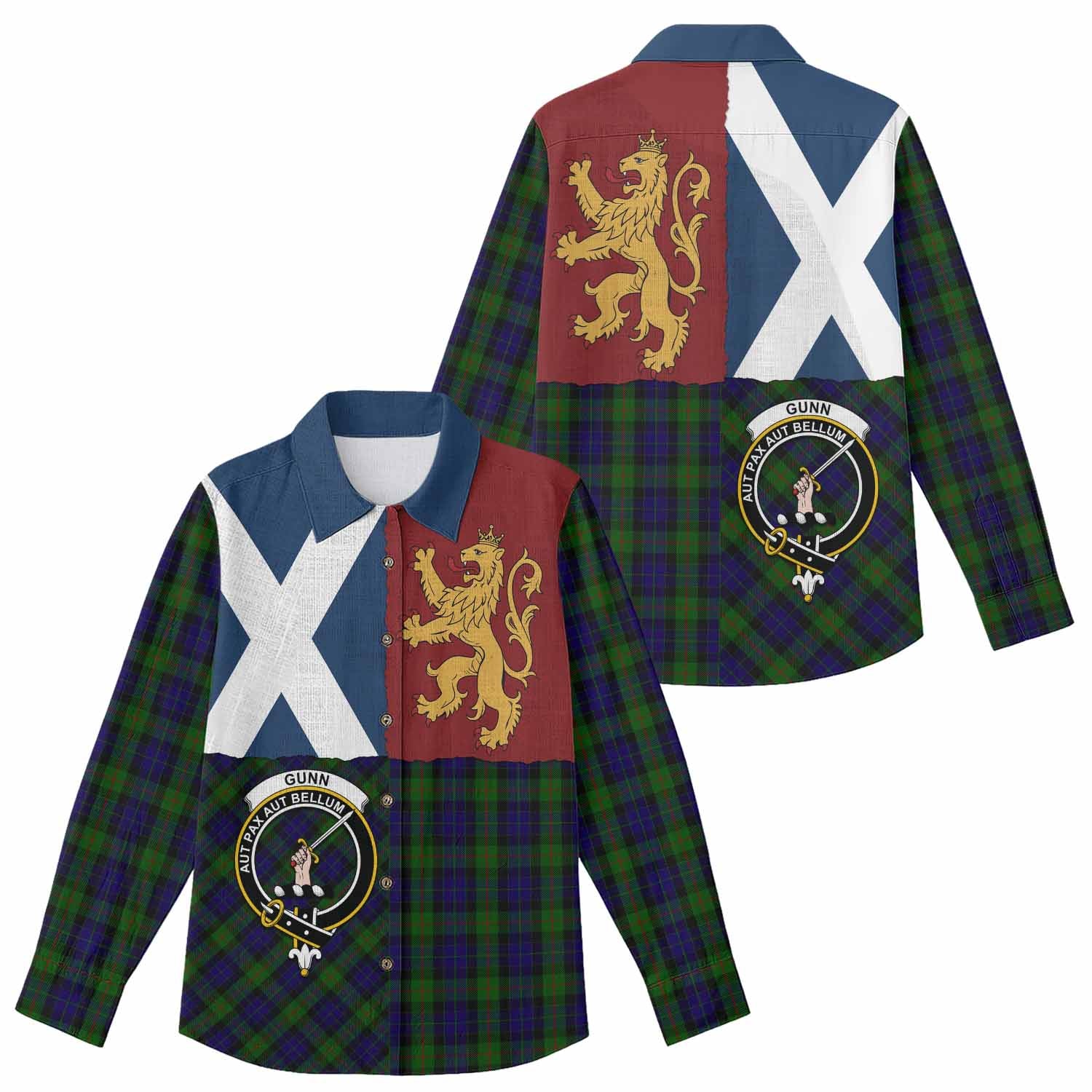 Gunn Crest Tartan Women Casual Shirt with Lion Rampant Saltire Style