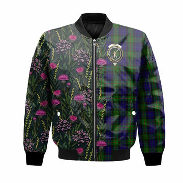 Gunn Family Crest Tartan Bomber Jacket Scottish Thistle Flower Pattern Half Style
