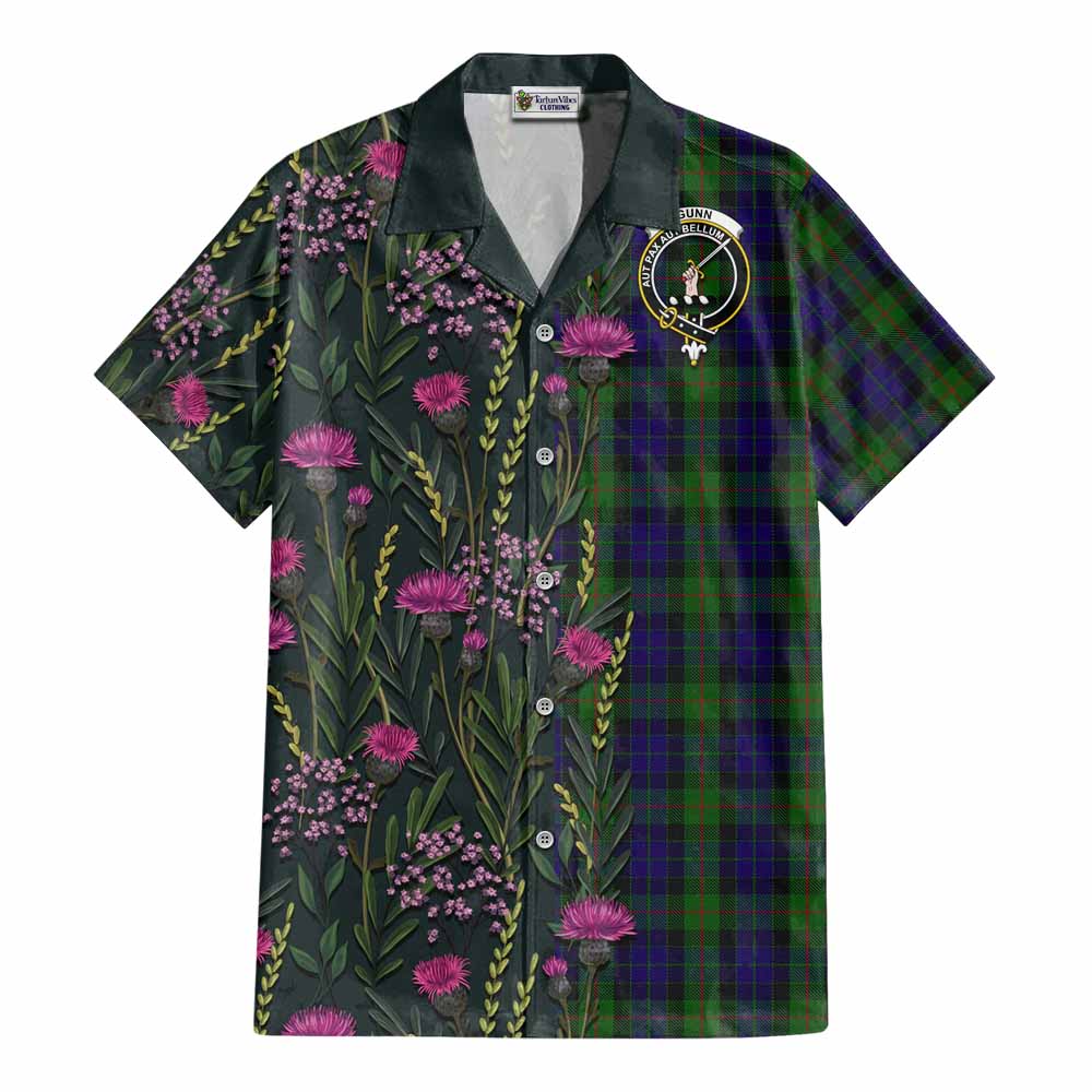 Gunn Family Crest Tartan Cotton Hawaiian Shirt Scottish Thistle Flower Pattern Half Style - Tartan Vibes Clothing