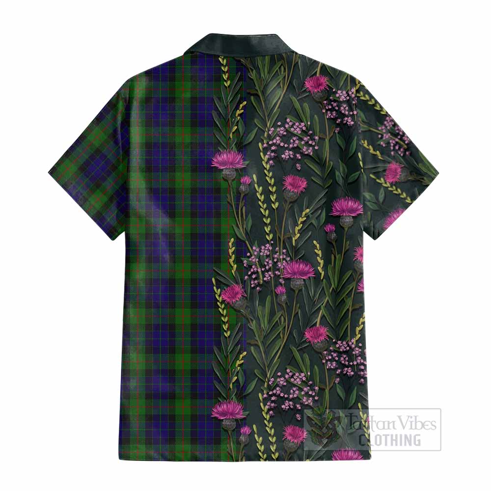 Gunn Family Crest Tartan Cotton Hawaiian Shirt Scottish Thistle Flower Pattern Half Style - Tartan Vibes Clothing