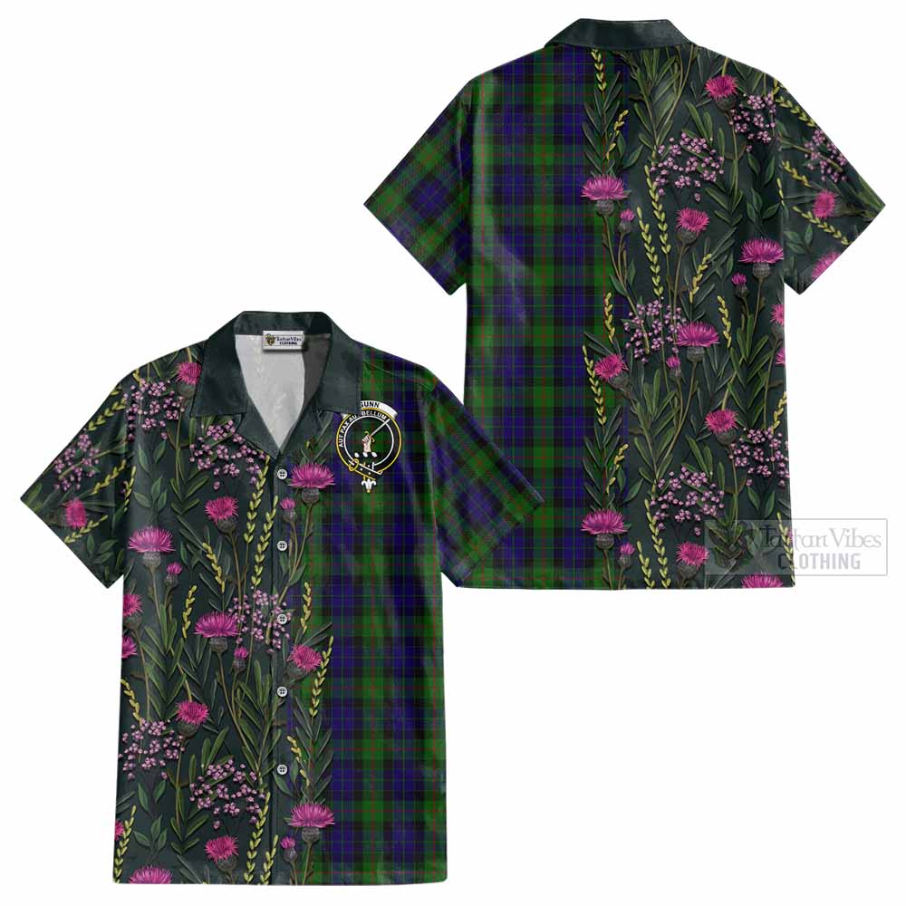 Gunn Family Crest Tartan Cotton Hawaiian Shirt Scottish Thistle Flower Pattern Half Style - Tartan Vibes Clothing
