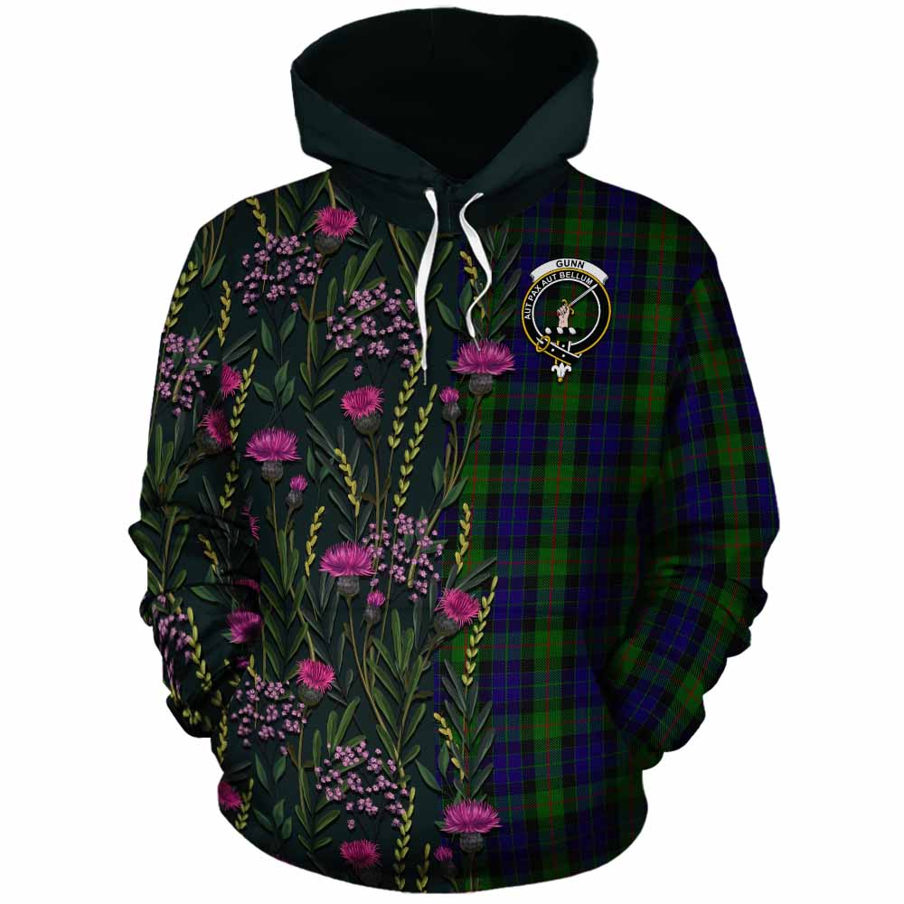 Gunn Family Crest Tartan Cotton Hoodie Scottish Thistle Flower Pattern Half Style - Tartan Vibes Clothing