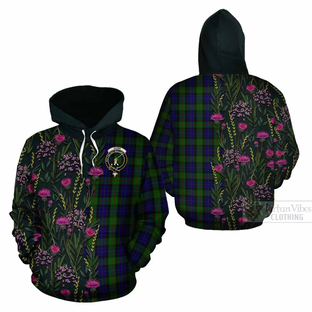 Gunn Family Crest Tartan Cotton Hoodie Scottish Thistle Flower Pattern Half Style - Tartan Vibes Clothing