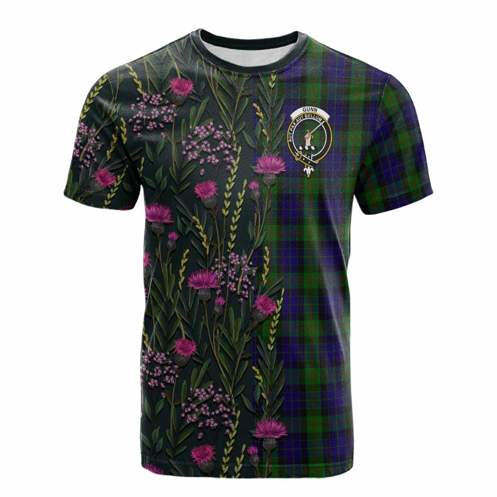 Gunn Family Crest Tartan Cotton T-shirt Scottish Thistle Flower Pattern Half Style - Tartan Vibes Clothing