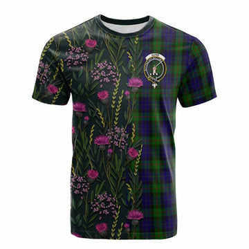 Gunn Family Crest Tartan Cotton T-shirt Scottish Thistle Flower Pattern Half Style - Tartan Vibes Clothing