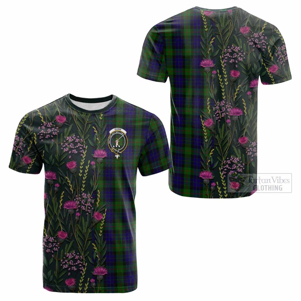 Gunn Family Crest Tartan Cotton T-shirt Scottish Thistle Flower Pattern Half Style - Tartan Vibes Clothing