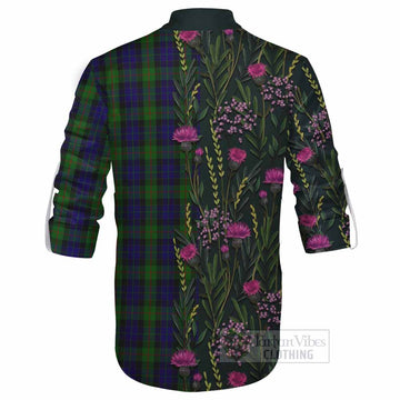 Gunn Family Crest Tartan Ghillie Shirt Scottish Thistle Flower Pattern Half Style