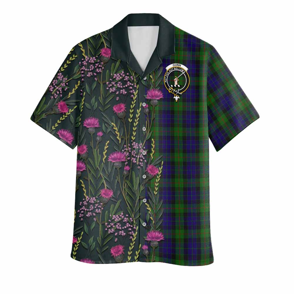 Gunn Family Crest Tartan Hawaiian Shirt Scottish Thistle Flower Pattern Half Style - Tartan Vibes Clothing