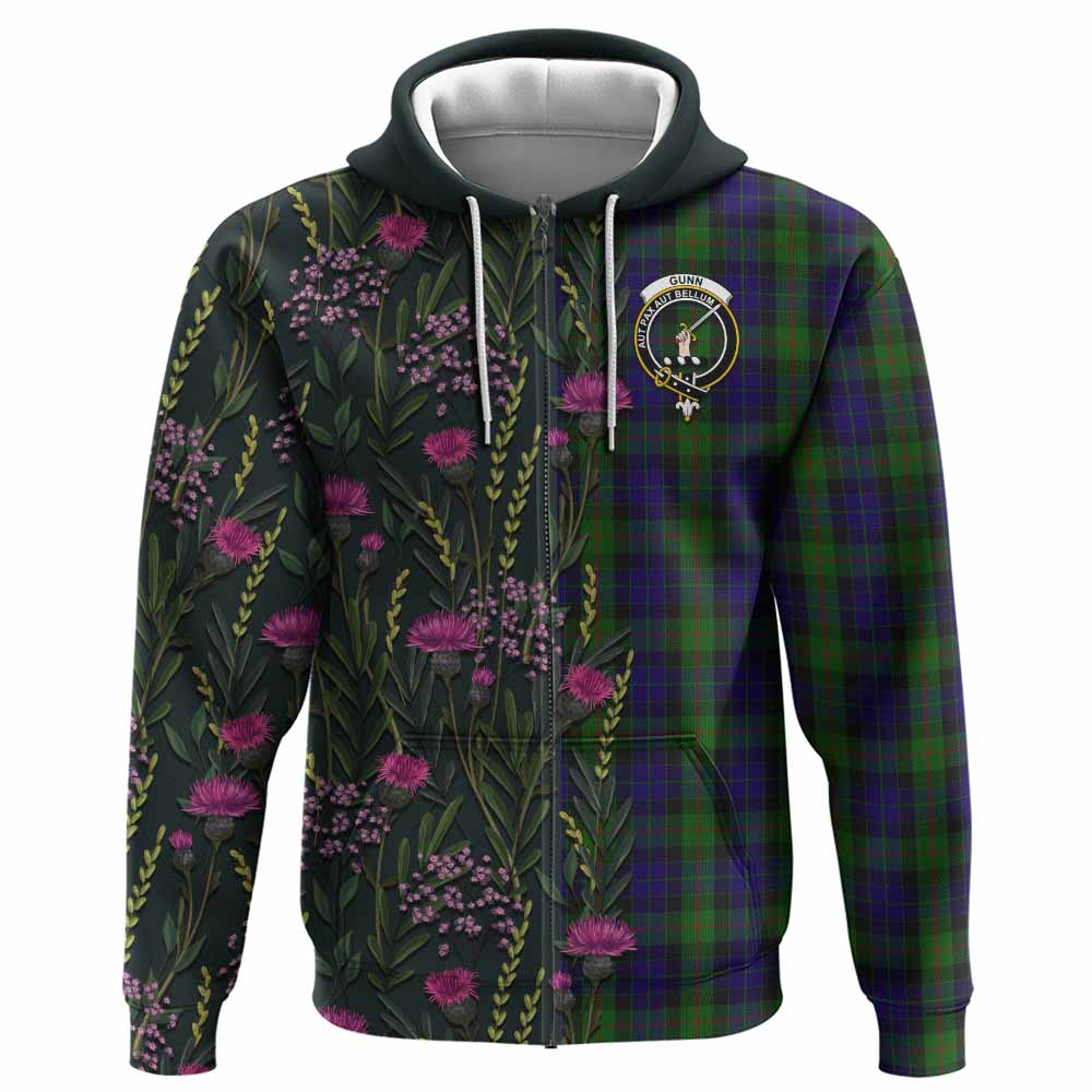 Gunn Family Crest Tartan Hoodie Scottish Thistle Flower Pattern Half Style - Tartan Vibes Clothing