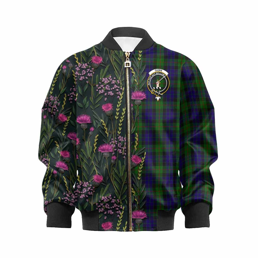 Gunn Family Crest Tartan Kid Bomber Jacket Scottish Thistle Flower Pattern Half Style - Tartan Vibes Clothing