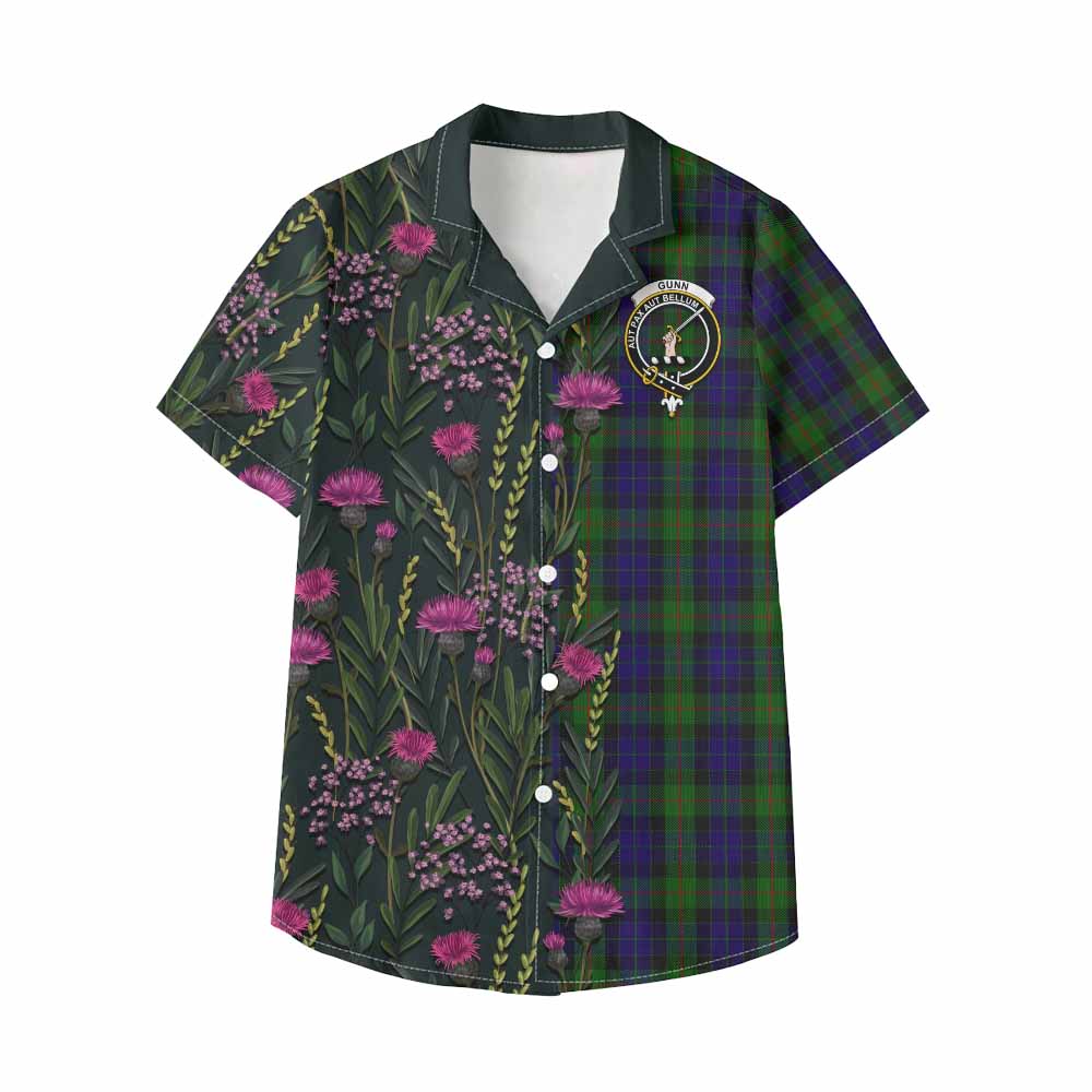 Gunn Family Crest Tartan Kid Hawaiian Shirt Scottish Thistle Flower Pattern Half Style - Tartan Vibes Clothing