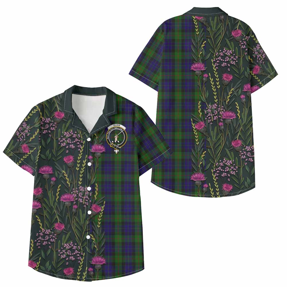 Gunn Family Crest Tartan Kid Hawaiian Shirt Scottish Thistle Flower Pattern Half Style - Tartan Vibes Clothing