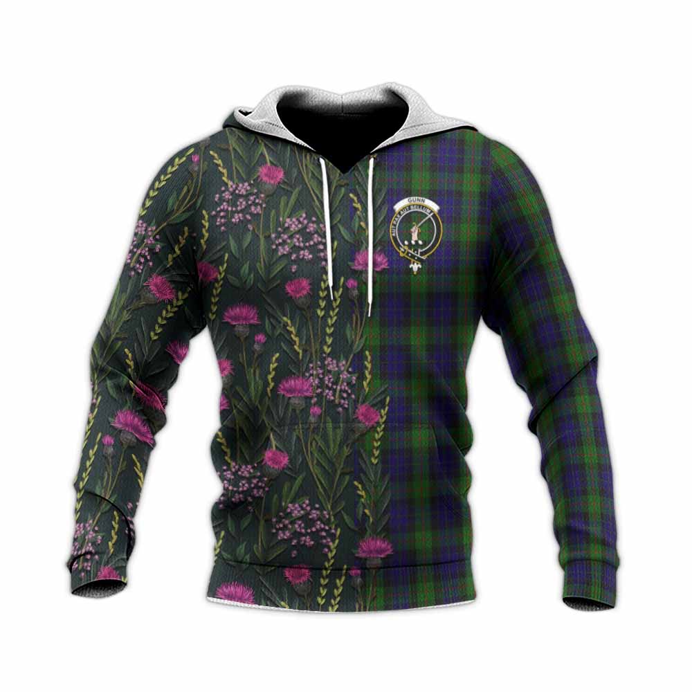 Gunn Family Crest Tartan Knitted Hoodie Scottish Thistle Flower Pattern Half Style - Tartan Vibes Clothing