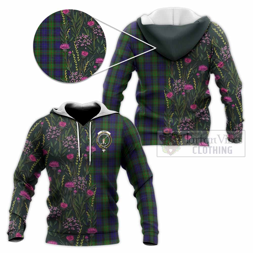 Gunn Family Crest Tartan Knitted Hoodie Scottish Thistle Flower Pattern Half Style - Tartan Vibes Clothing
