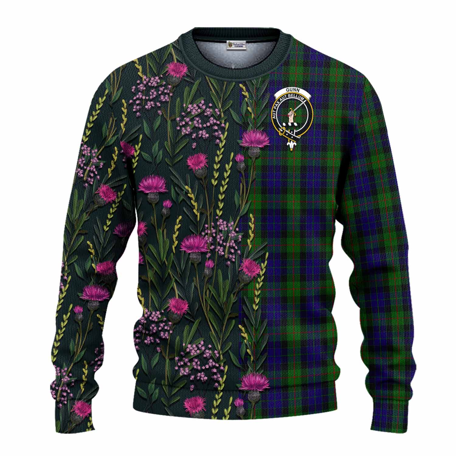 Gunn Family Crest Tartan Knitted Sweater Scottish Thistle Flower Pattern Half Style - Tartan Vibes Clothing
