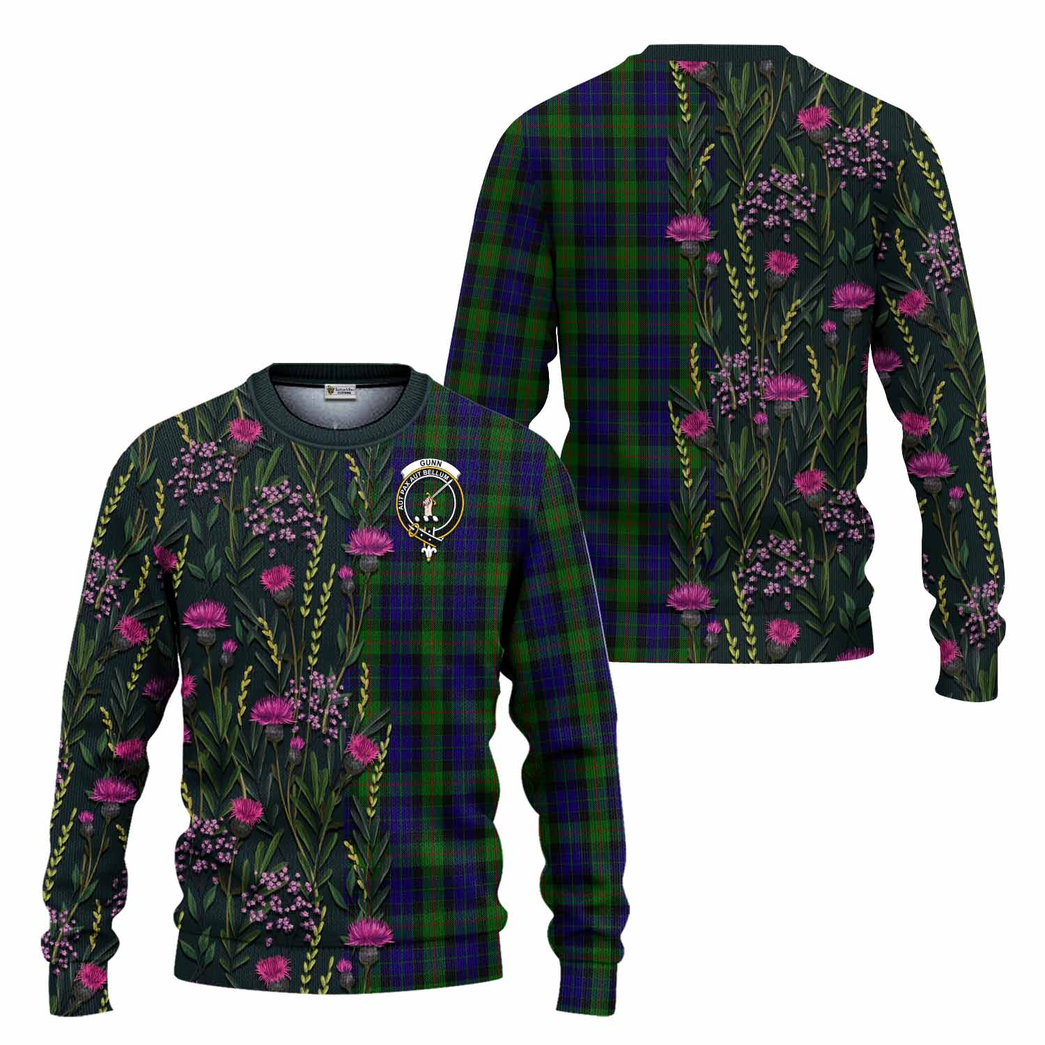 Gunn Family Crest Tartan Knitted Sweater Scottish Thistle Flower Pattern Half Style - Tartan Vibes Clothing