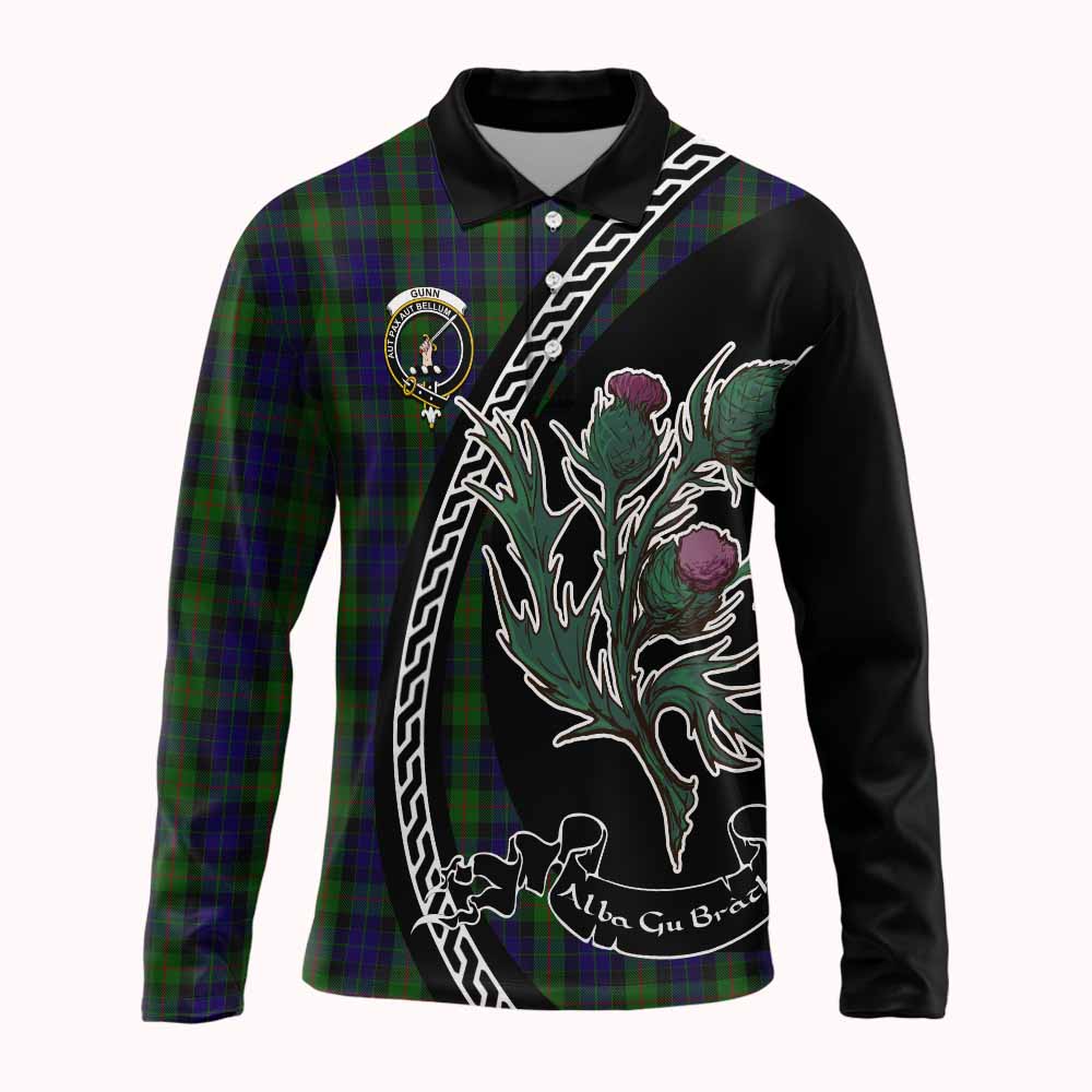 Gunn Family Crest Tartan Long Sleeve Polo Shirt Alba Thistle Inspired - Tartan Vibes Clothing