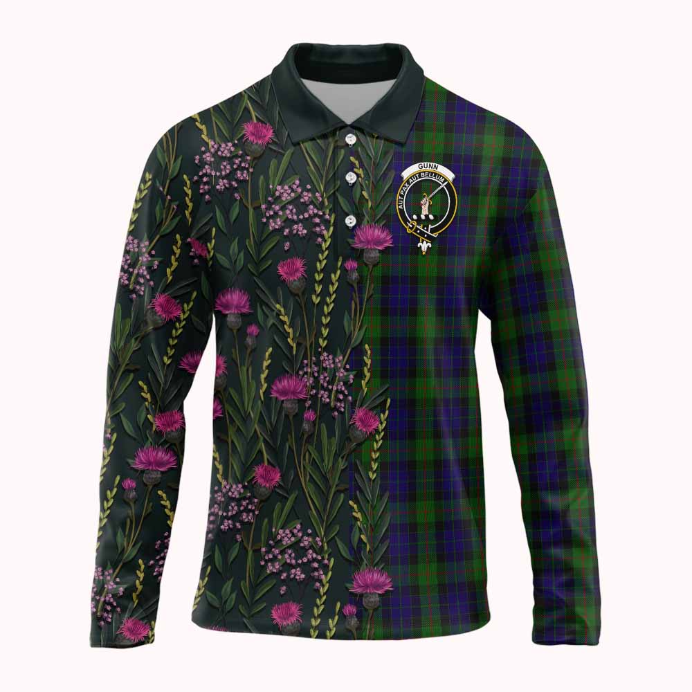 Gunn Family Crest Tartan Long Sleeve Polo Shirt Scottish Thistle Flower Pattern Half Style - Tartan Vibes Clothing