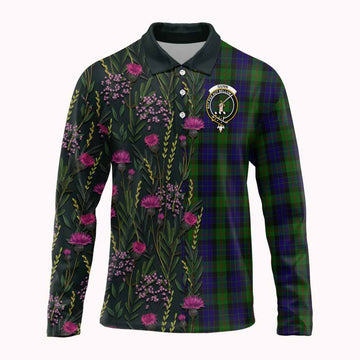 Gunn Family Crest Tartan Long Sleeve Polo Shirt Scottish Thistle Flower Pattern Half Style - Tartan Vibes Clothing