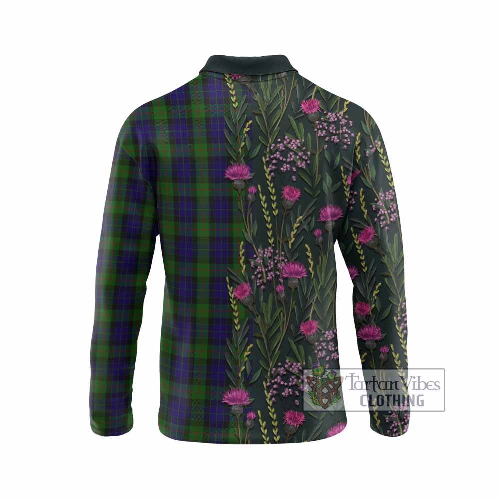 Gunn Family Crest Tartan Long Sleeve Polo Shirt Scottish Thistle Flower Pattern Half Style - Tartan Vibes Clothing
