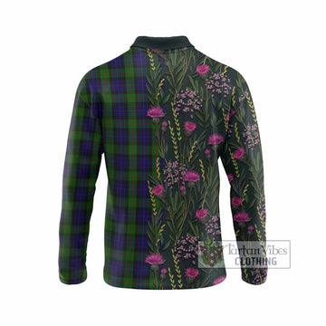 Gunn Family Crest Tartan Long Sleeve Polo Shirt Scottish Thistle Flower Pattern Half Style - Tartan Vibes Clothing