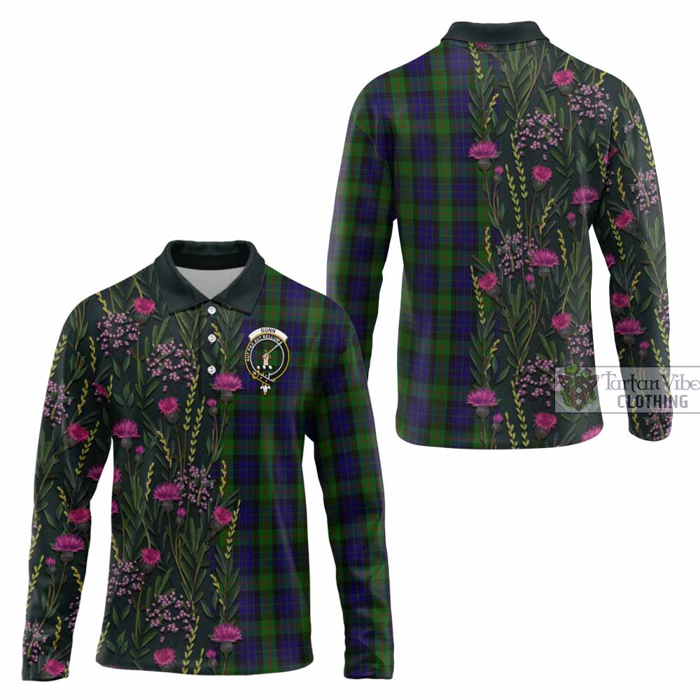 Gunn Family Crest Tartan Long Sleeve Polo Shirt Scottish Thistle Flower Pattern Half Style - Tartan Vibes Clothing