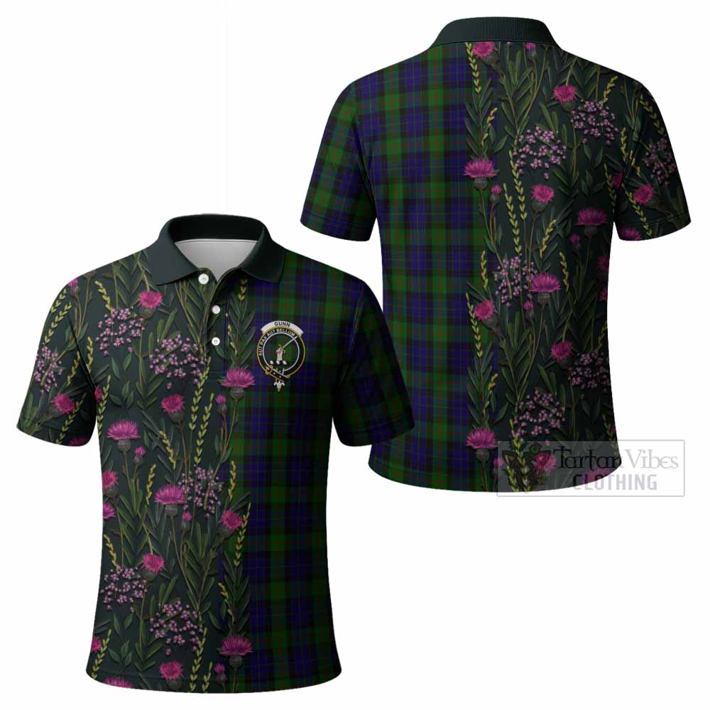 Gunn Family Crest Tartan Polo Shirt Scottish Thistle Flower Pattern Half Style - Tartan Vibes Clothing