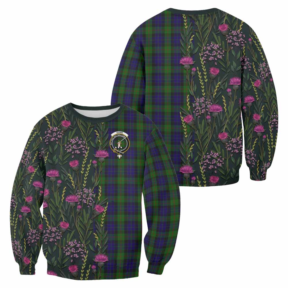 Gunn Family Crest Tartan Sweatshirt Scottish Thistle Flower Pattern Half Style - Tartan Vibes Clothing
