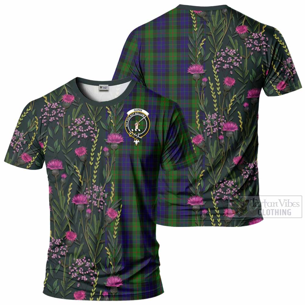 Gunn Family Crest Tartan T-Shirt Scottish Thistle Flower Pattern Half Style - Tartan Vibes Clothing