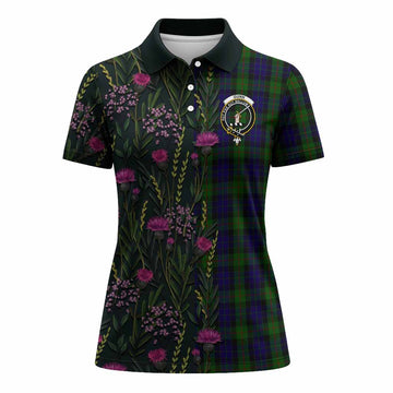 Gunn Family Crest Tartan Women Polo Shirt Scottish Thistle Flower Pattern Half Style