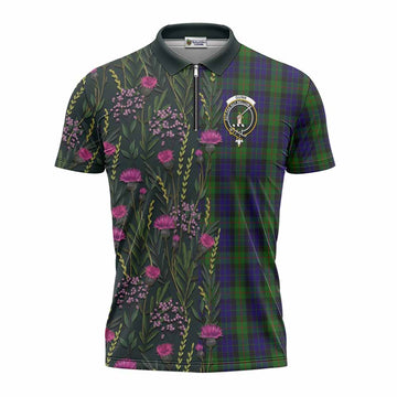 Gunn Family Crest Tartan Zipper Polo Shirt Scottish Thistle Flower Pattern Half Style