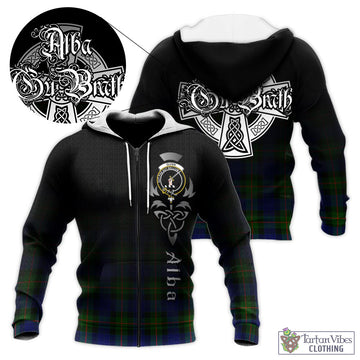 Gunn Modern Tartan Knitted Hoodie Featuring Alba Gu Brath Family Crest Celtic Inspired