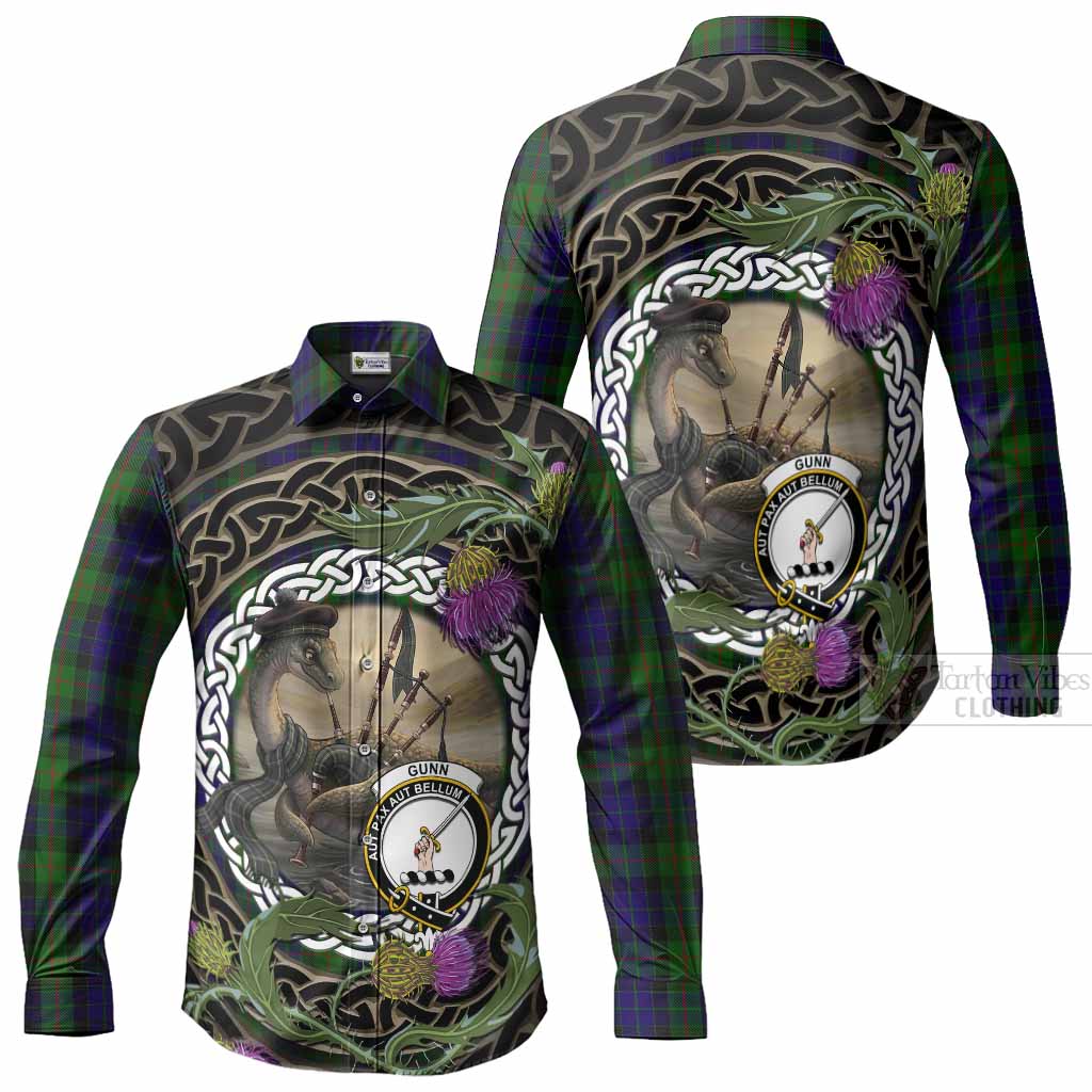 Gunn Tartan Crest Bagpipe Nessie Long Sleeve Button Shirts Scottish Loch Ness Monster Celtic Thistle