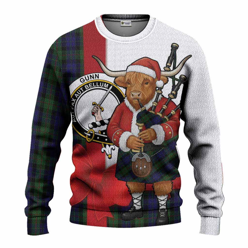 Gunn Tartan Crest Christmas Christmas Ugly Sweater Highland Cow Bagpipes Coquette Bow Style