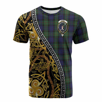 Gunn Tartan Crest Cotton T-shirt Celtic Knot and Triple Trickle Spiral Symbols