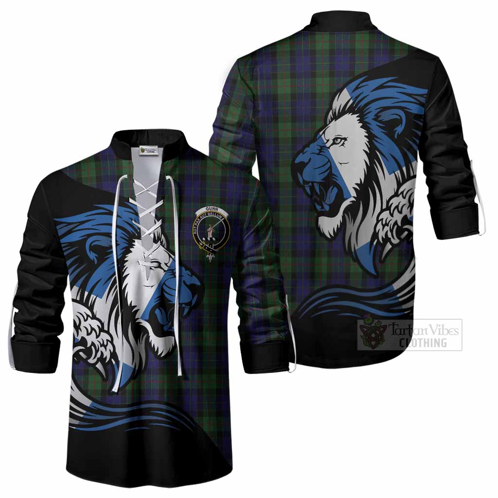 Gunn Tartan Crest Ghillie Shirt Scottish Golden Lions Wave Flow
