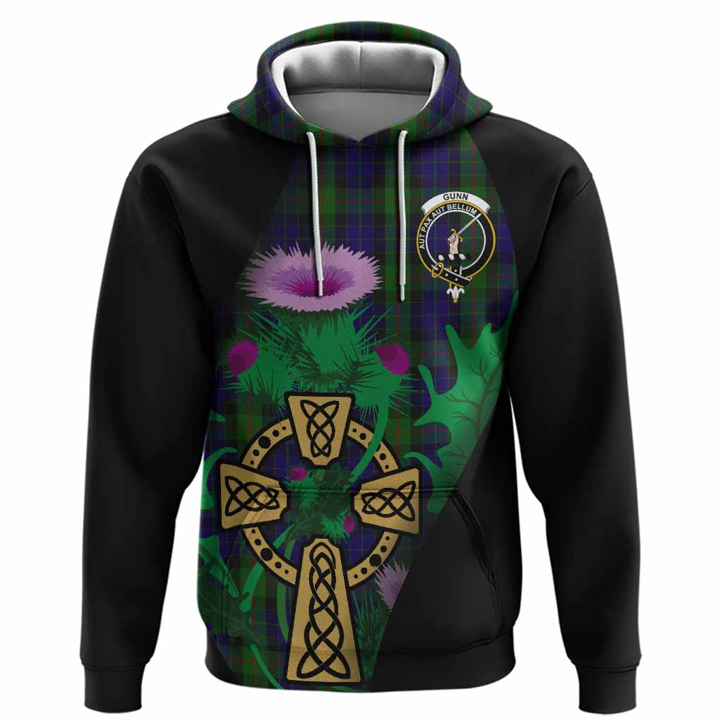 Gunn Tartan Crest Hoodie Celtic Cross Thistle Flowers