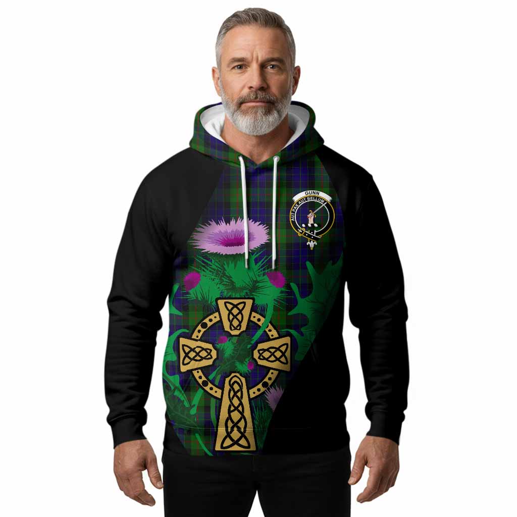 Gunn Tartan Crest Hoodie Celtic Cross Thistle Flowers
