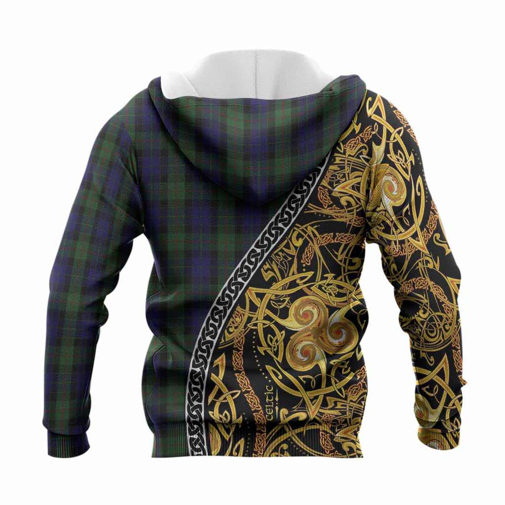 Gunn Tartan Crest Knitted Hoodie Celtic Knot and Triple Trickle Spiral Symbols