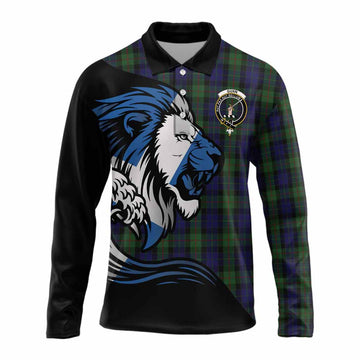 Gunn Tartan Crest Long Sleeve Polo Shirt Scottish Golden Lions Wave Flow