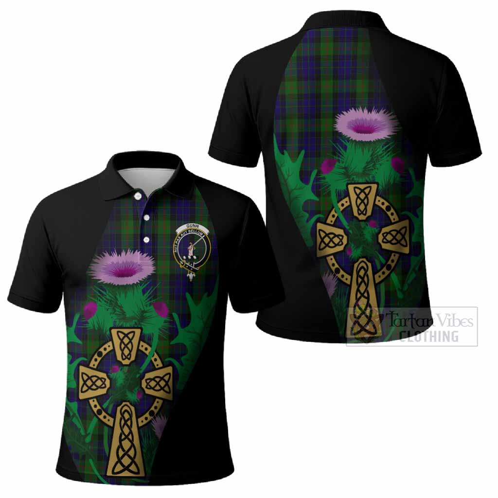 Gunn Tartan Crest Polo Shirt Celtic Cross Thistle Flowers