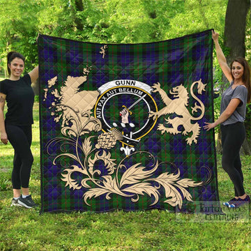 Gunn Tartan Crest Premium Quilt with Scottish Iconic Symbols 